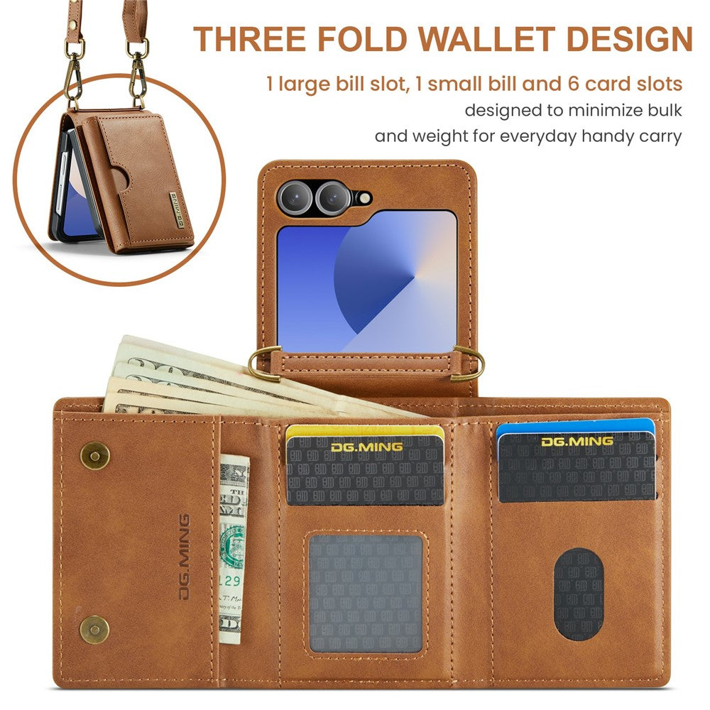 DG.MING M6 Series For Samsung Galaxy Z Flip6 5G  /  Z Flip7 FE 5G Foldable Case PU + PC Phone Cover with Wallet  /  Shoulder Strap - Brown