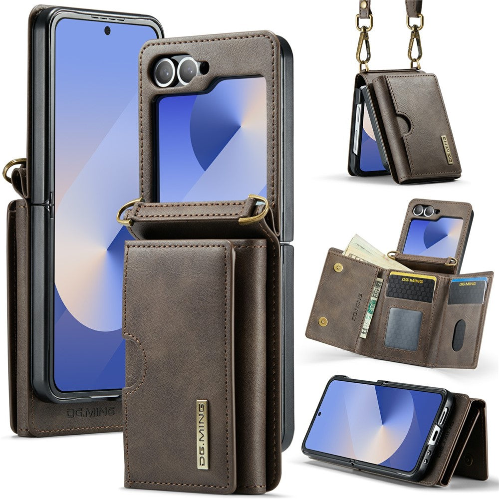 DG.MING M6 Series For Samsung Galaxy Z Flip6 5G  /  Z Flip7 FE 5G Foldable Case PU + PC Phone Cover with Wallet  /  Shoulder Strap - Coffee