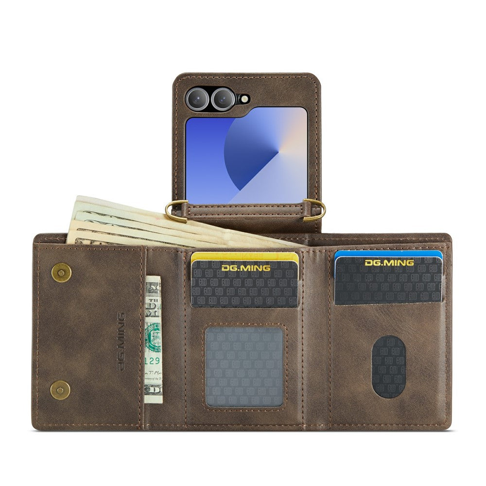 DG.MING M6 Series For Samsung Galaxy Z Flip6 5G  /  Z Flip7 FE 5G Foldable Case PU + PC Phone Cover with Wallet  /  Shoulder Strap - Coffee