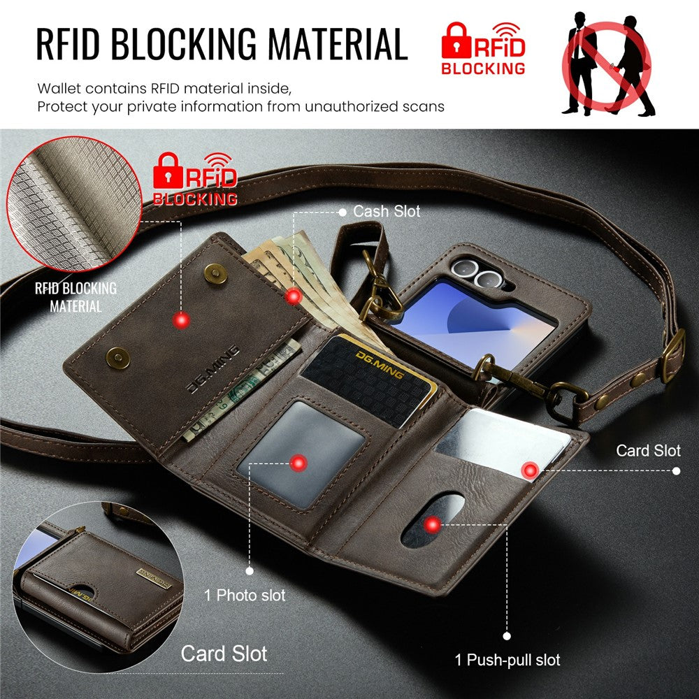 DG.MING M6 Series For Samsung Galaxy Z Flip6 5G  /  Z Flip7 FE 5G Foldable Case PU + PC Phone Cover with Wallet  /  Shoulder Strap - Coffee