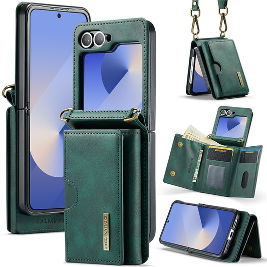 DG.MING M6 Series For Samsung Galaxy Z Flip6 5G  /  Z Flip7 FE 5G Foldable Case PU + PC Phone Cover with Wallet  /  Shoulder Strap - Green