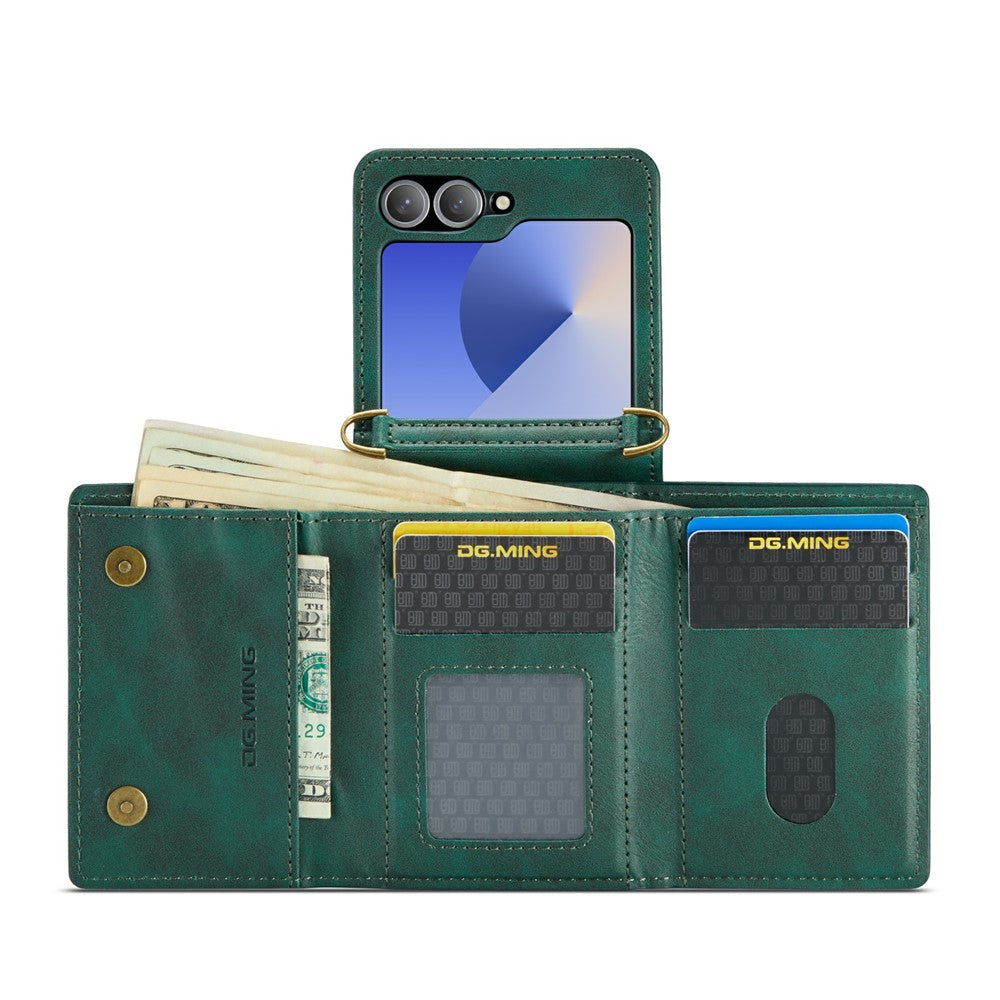 DG.MING M6 Series For Samsung Galaxy Z Flip6 5G  /  Z Flip7 FE 5G Foldable Case PU + PC Phone Cover with Wallet  /  Shoulder Strap - Green