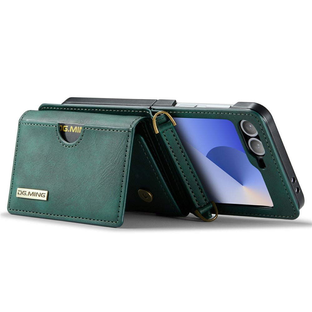 DG.MING M6 Series For Samsung Galaxy Z Flip6 5G  /  Z Flip7 FE 5G Foldable Case PU + PC Phone Cover with Wallet  /  Shoulder Strap - Green