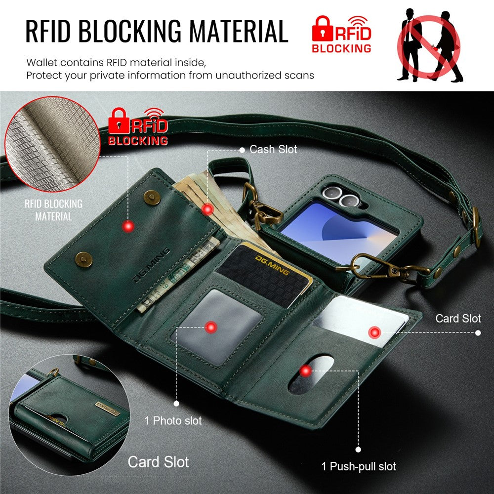 DG.MING M6 Series For Samsung Galaxy Z Flip6 5G  /  Z Flip7 FE 5G Foldable Case PU + PC Phone Cover with Wallet  /  Shoulder Strap - Green