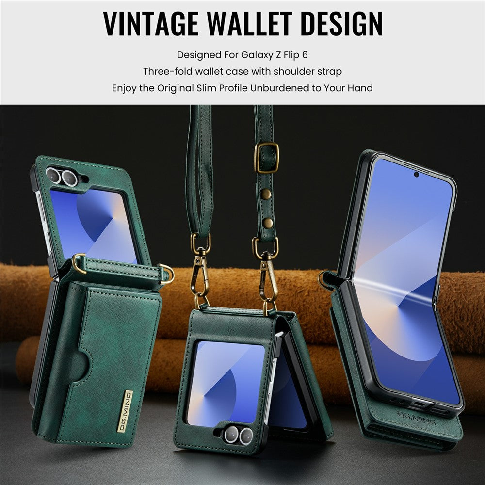 DG.MING M6 Series For Samsung Galaxy Z Flip6 5G  /  Z Flip7 FE 5G Foldable Case PU + PC Phone Cover with Wallet  /  Shoulder Strap - Green