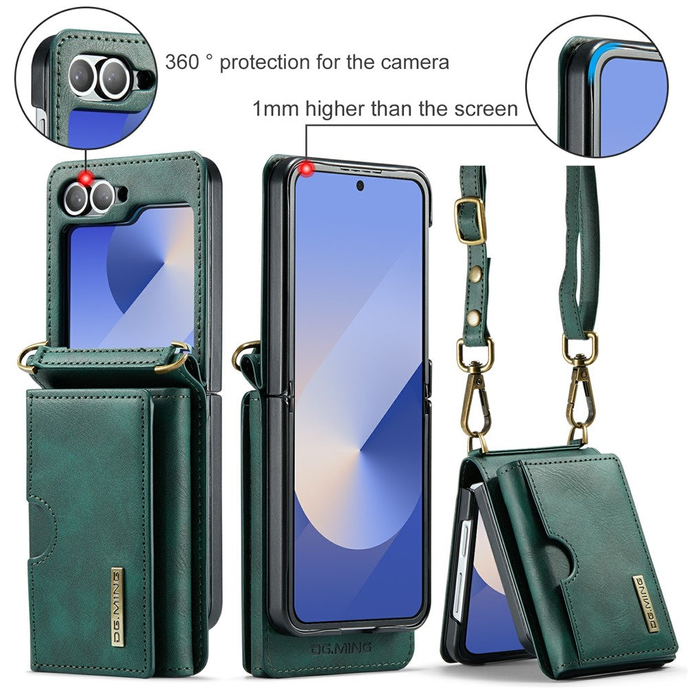 DG.MING M6 Series For Samsung Galaxy Z Flip6 5G  /  Z Flip7 FE 5G Foldable Case PU + PC Phone Cover with Wallet  /  Shoulder Strap - Green