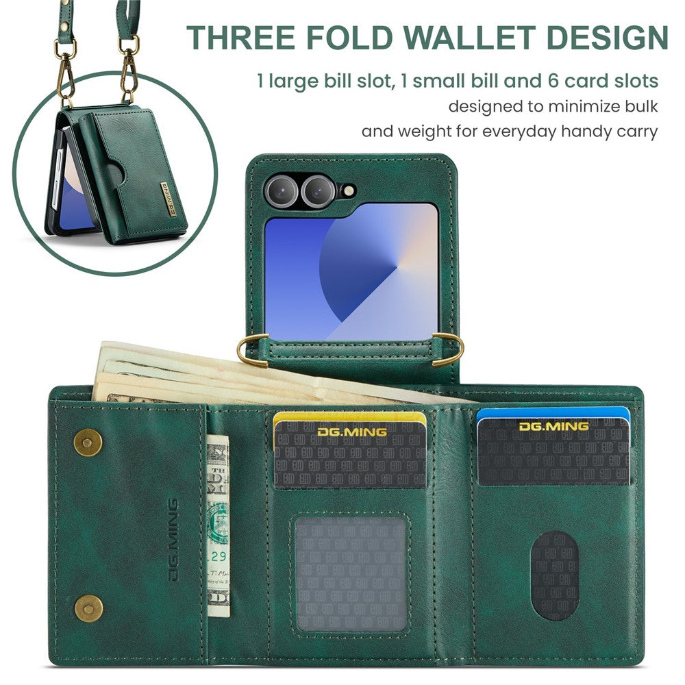 DG.MING M6 Series For Samsung Galaxy Z Flip6 5G  /  Z Flip7 FE 5G Foldable Case PU + PC Phone Cover with Wallet  /  Shoulder Strap - Green