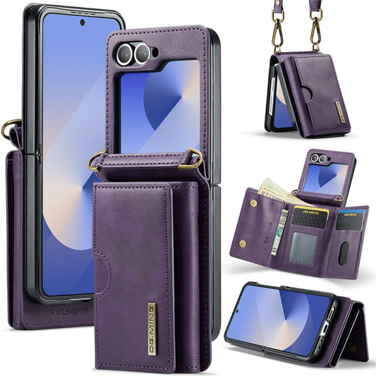 DG.MING M6 Series For Samsung Galaxy Z Flip6 5G  /  Z Flip7 FE 5G Foldable Case PU + PC Phone Cover with Wallet  /  Shoulder Strap - Purple