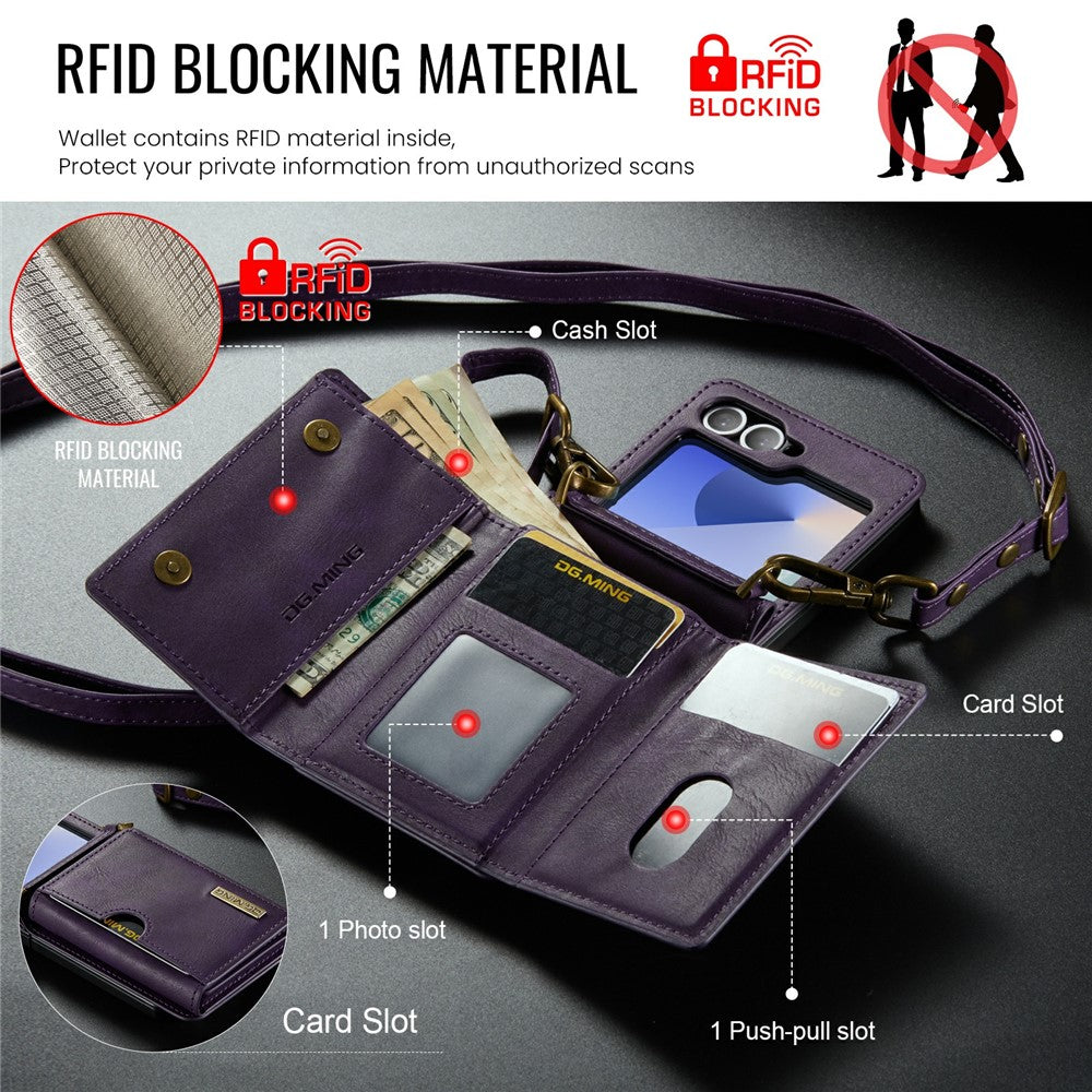 DG.MING M6 Series For Samsung Galaxy Z Flip6 5G  /  Z Flip7 FE 5G Foldable Case PU + PC Phone Cover with Wallet  /  Shoulder Strap - Purple