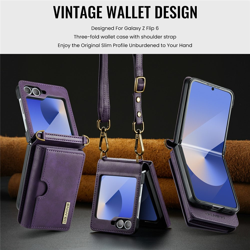 DG.MING M6 Series For Samsung Galaxy Z Flip6 5G  /  Z Flip7 FE 5G Foldable Case PU + PC Phone Cover with Wallet  /  Shoulder Strap - Purple