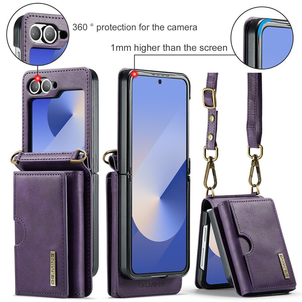 DG.MING M6 Series For Samsung Galaxy Z Flip6 5G  /  Z Flip7 FE 5G Foldable Case PU + PC Phone Cover with Wallet  /  Shoulder Strap - Purple