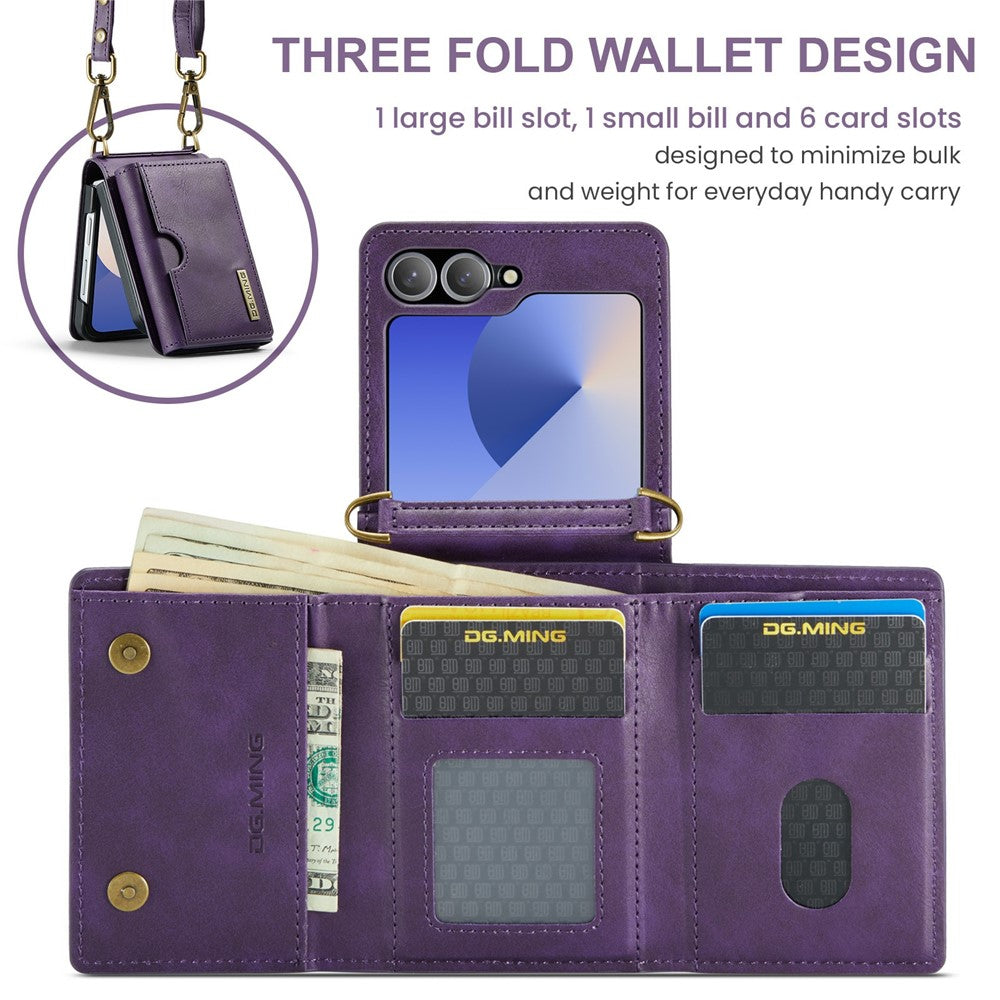 DG.MING M6 Series For Samsung Galaxy Z Flip6 5G  /  Z Flip7 FE 5G Foldable Case PU + PC Phone Cover with Wallet  /  Shoulder Strap - Purple
