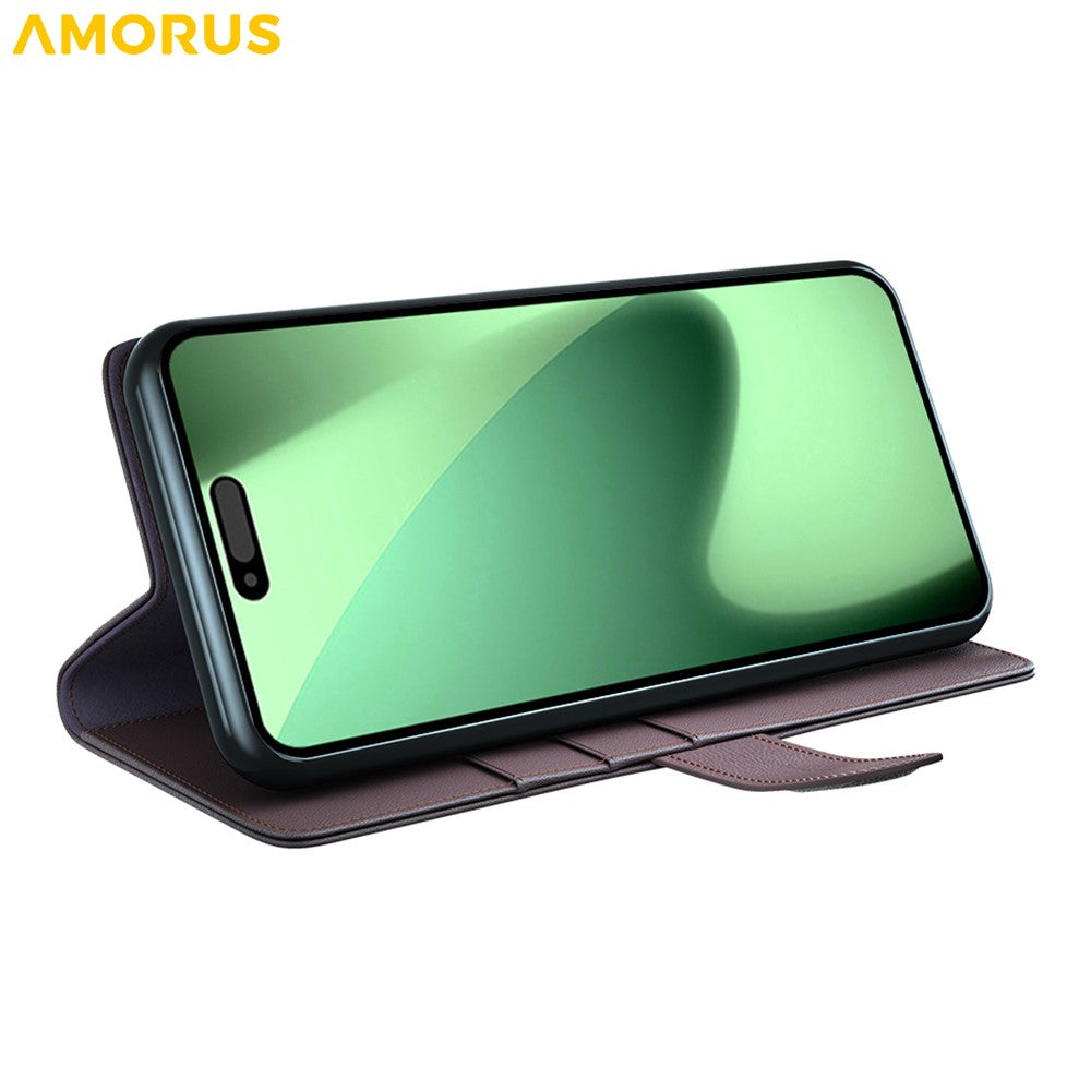 AMORUS For iPhone 17 Pro Max Stand Cases Calf Texture Genuine Split Leather Wallet Phone Cover - Brown