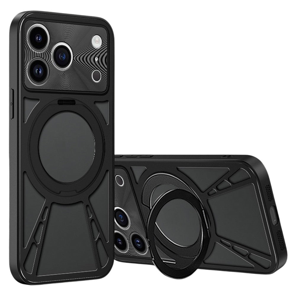 For iPhone 17 Pro Max Case Magnetic Kickstand Hollow Heat Dissipation Silicone + PC + Metal Bumper Phone Cover - Black