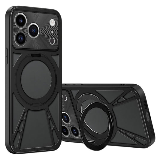 For iPhone 17 Pro Max Case Magnetic Kickstand Hollow Heat Dissipation Silicone + PC + Metal Bumper Phone Cover - Black
