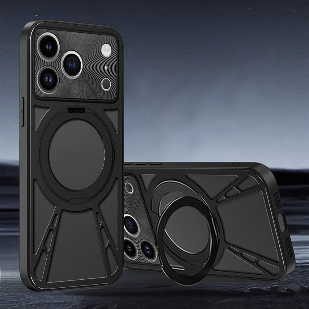 For iPhone 17 Pro Max Case Magnetic Kickstand Hollow Heat Dissipation Silicone + PC + Metal Bumper Phone Cover - Black