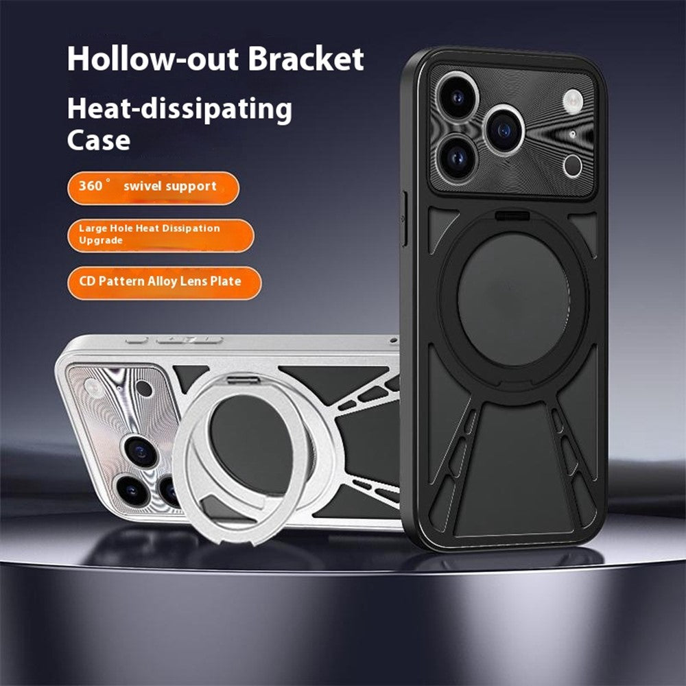For iPhone 17 Pro Max Case Magnetic Kickstand Hollow Heat Dissipation Silicone + PC + Metal Bumper Phone Cover - Black