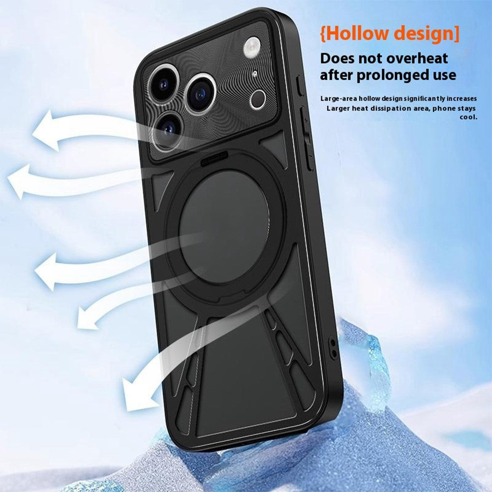 For iPhone 17 Pro Max Case Magnetic Kickstand Hollow Heat Dissipation Silicone + PC + Metal Bumper Phone Cover - Black