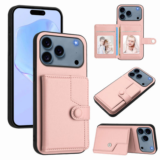 For iPhone 17 Pro Max Case RFID Blocking Card Holder Kickstand TPU + PU Leather Phone Back Cover - Rose Gold