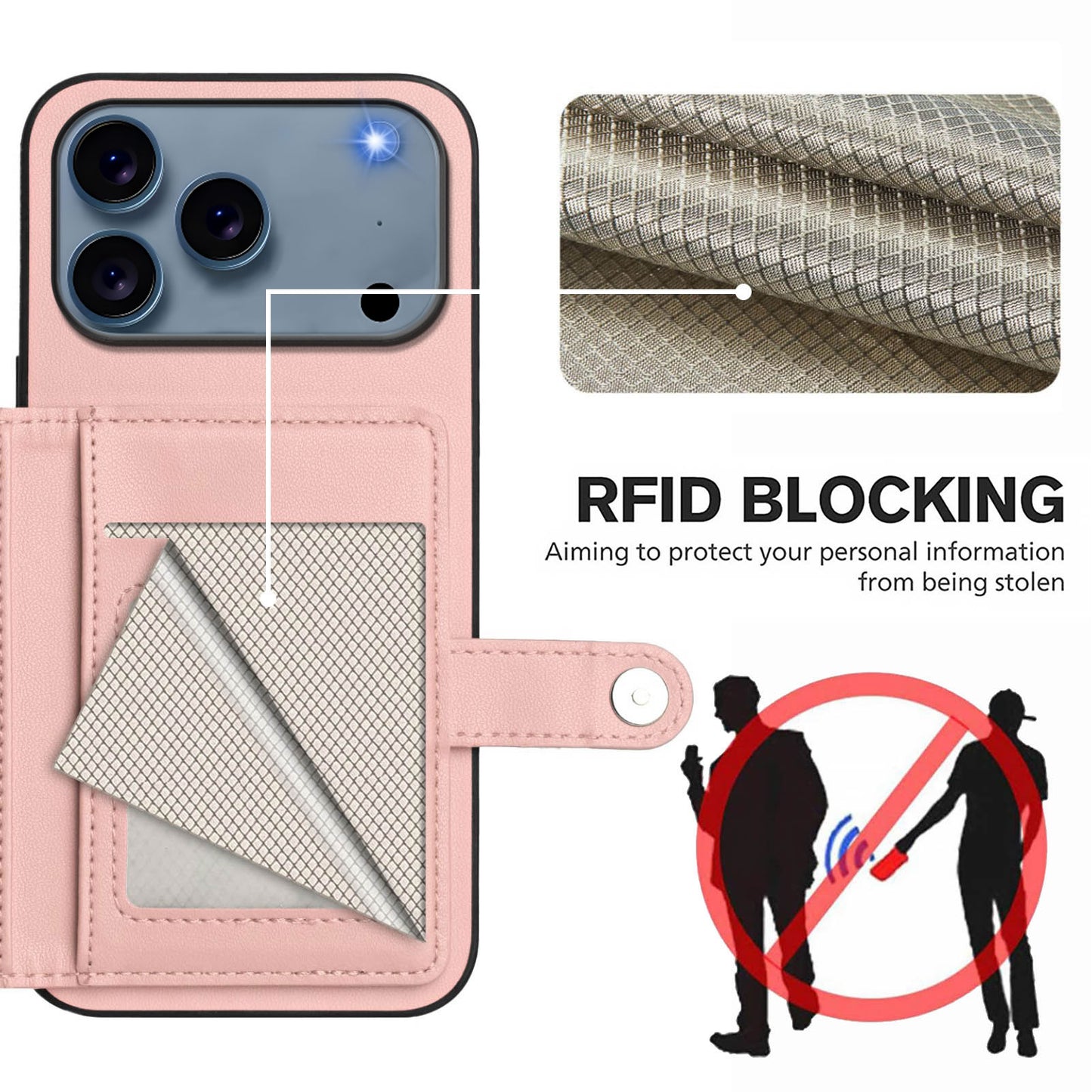 For iPhone 17 Pro Max Case RFID Blocking Card Holder Kickstand TPU + PU Leather Phone Back Cover - Rose Gold