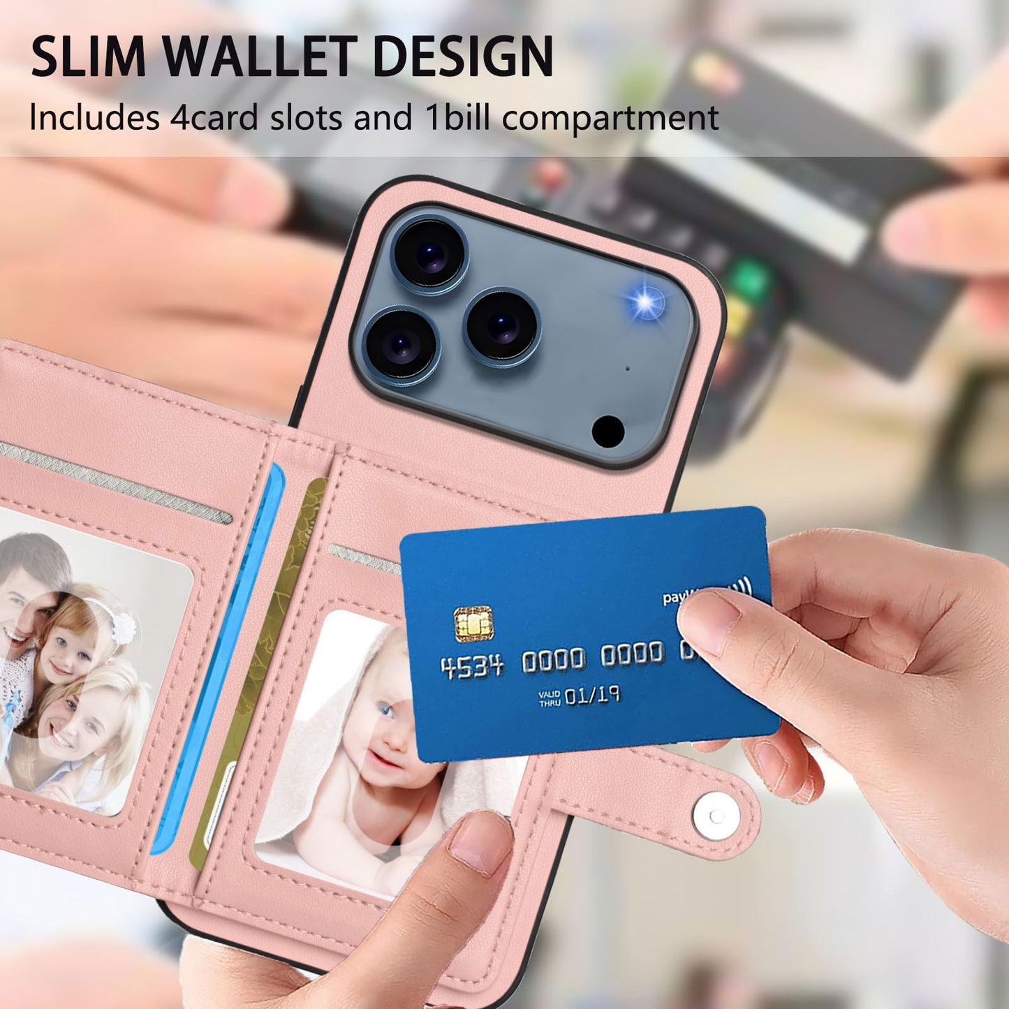 For iPhone 17 Pro Max Case RFID Blocking Card Holder Kickstand TPU + PU Leather Phone Back Cover - Rose Gold