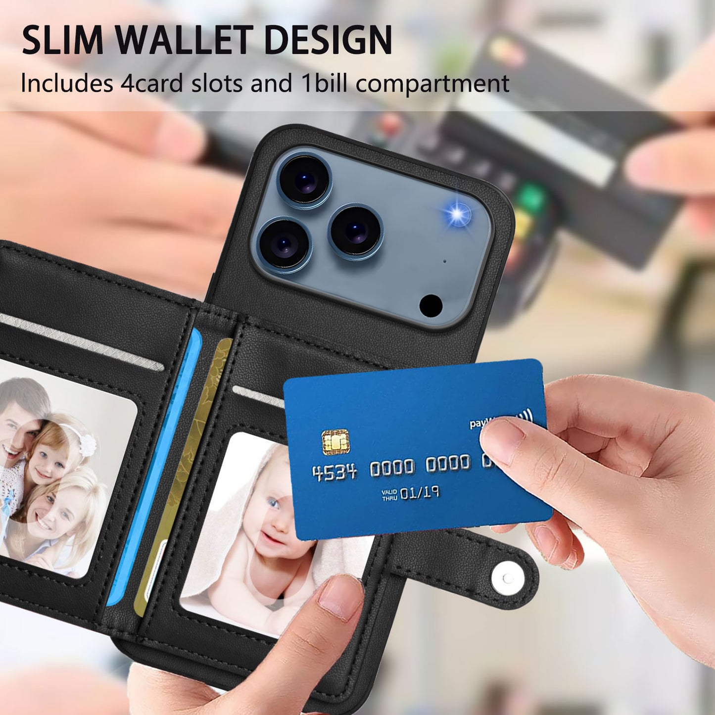 For iPhone 17 Pro Max Case RFID Blocking Card Holder Kickstand TPU + PU Leather Phone Back Cover - Black
