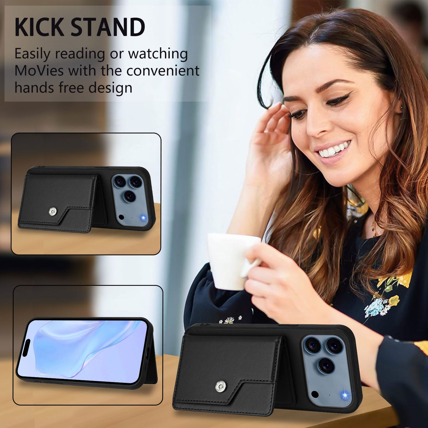 For iPhone 17 Pro Max Case RFID Blocking Card Holder Kickstand TPU + PU Leather Phone Back Cover - Black