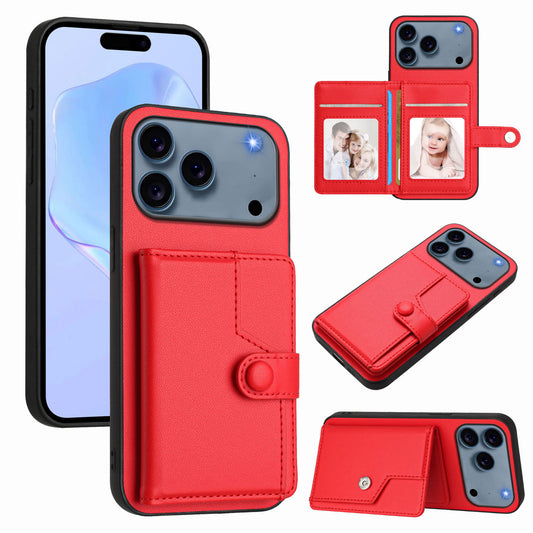 For iPhone 17 Pro Max Case RFID Blocking Card Holder Kickstand TPU + PU Leather Phone Back Cover - Red