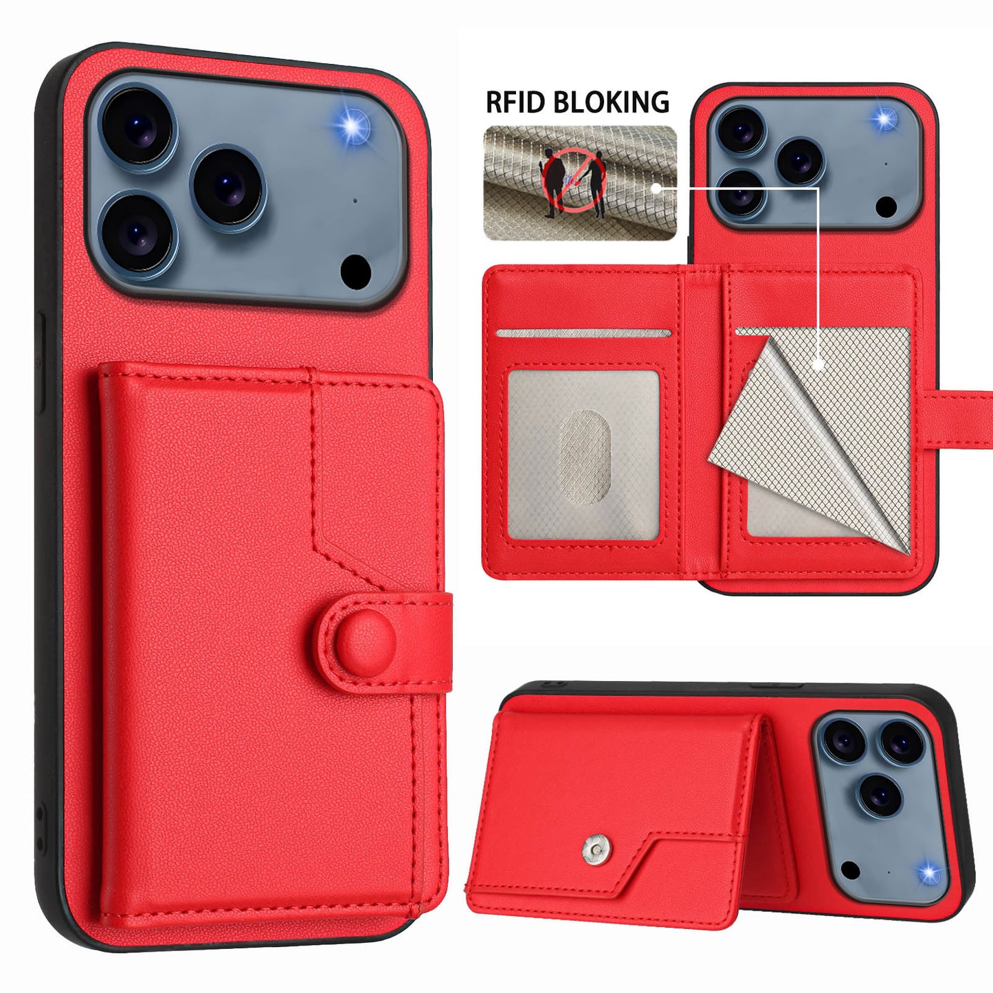 For iPhone 17 Pro Max Case RFID Blocking Card Holder Kickstand TPU + PU Leather Phone Back Cover - Red