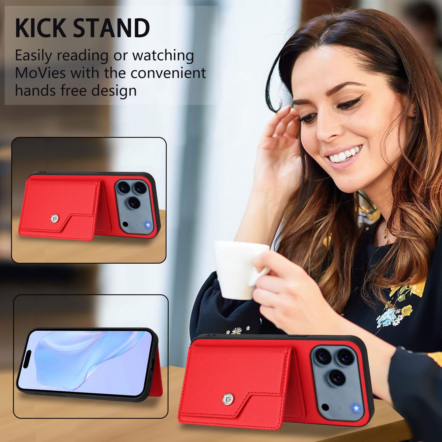 For iPhone 17 Pro Max Case RFID Blocking Card Holder Kickstand TPU + PU Leather Phone Back Cover - Red