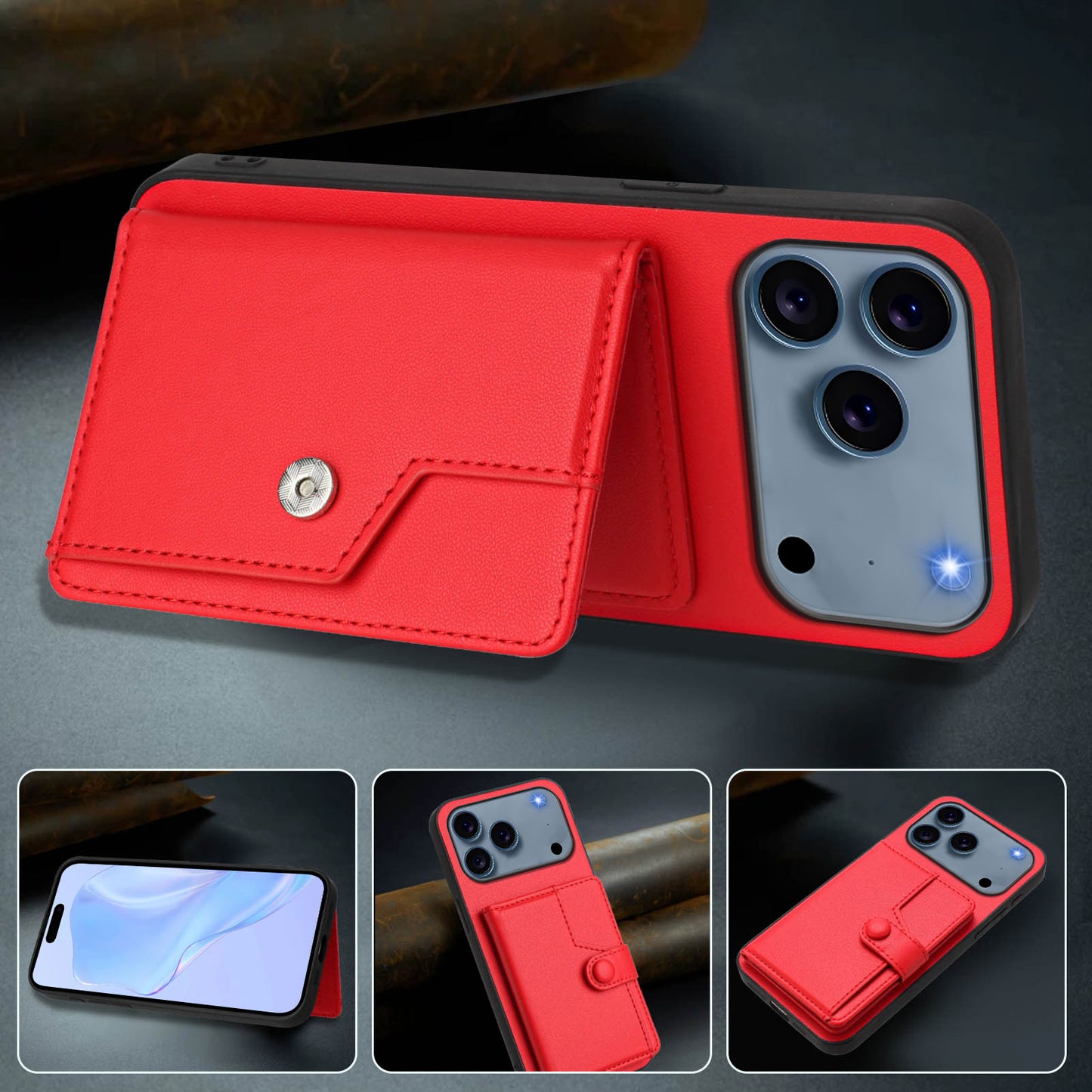 For iPhone 17 Pro Max Case RFID Blocking Card Holder Kickstand TPU + PU Leather Phone Back Cover - Red