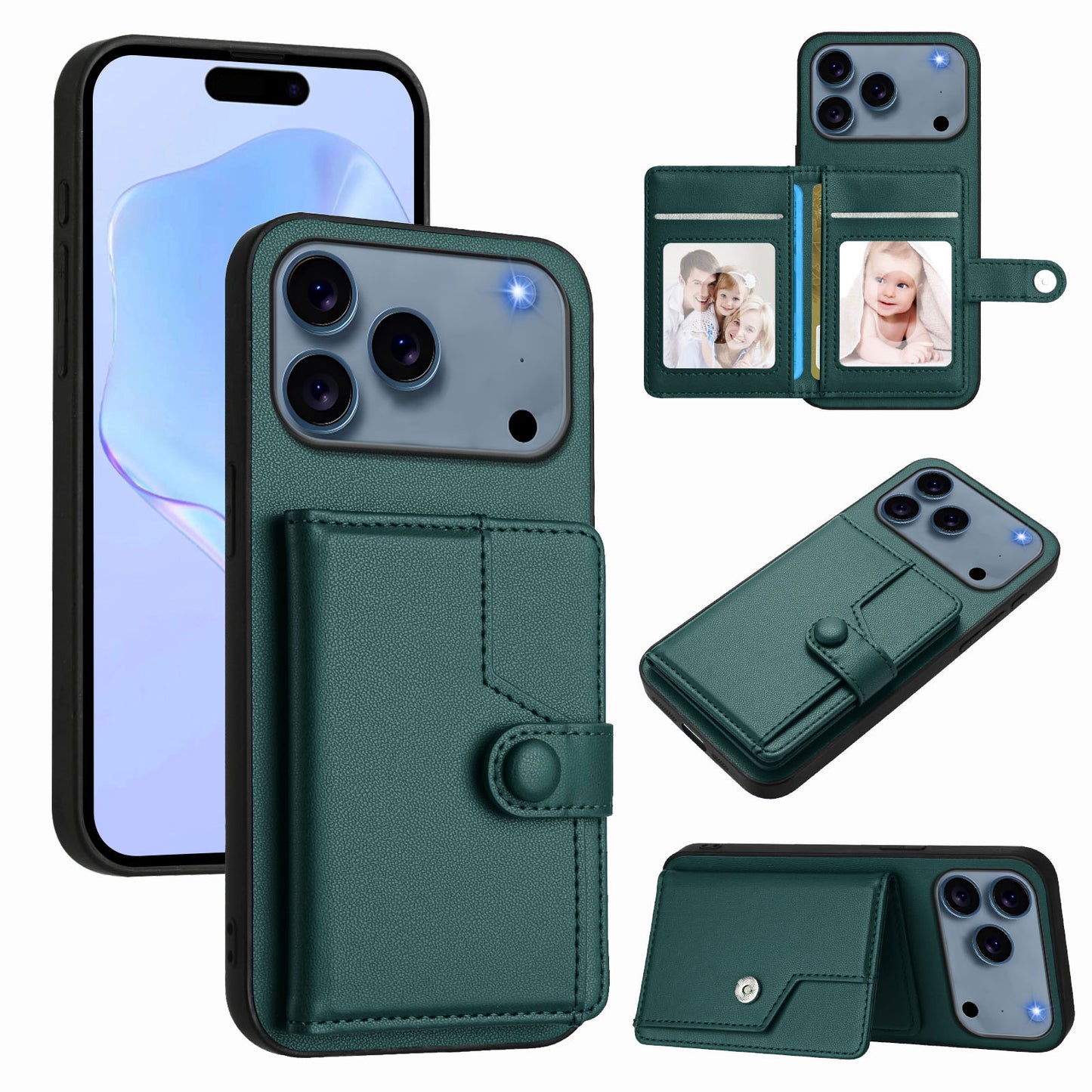 For iPhone 17 Pro Max Case RFID Blocking Card Holder Kickstand TPU + PU Leather Phone Back Cover - Green