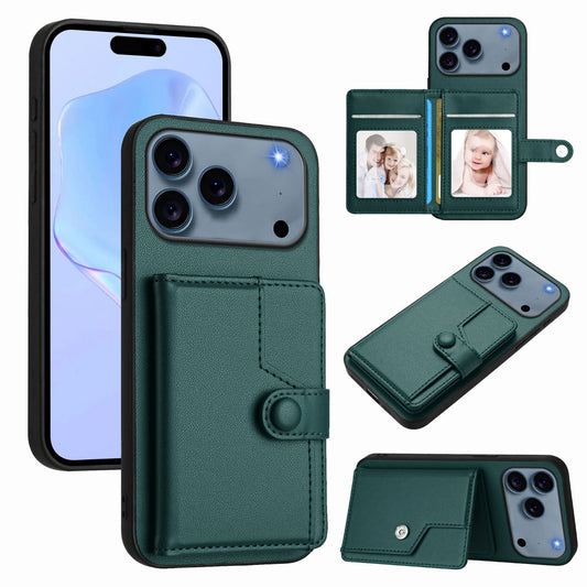 For iPhone 17 Pro Max Case RFID Blocking Card Holder Kickstand TPU + PU Leather Phone Back Cover - Green