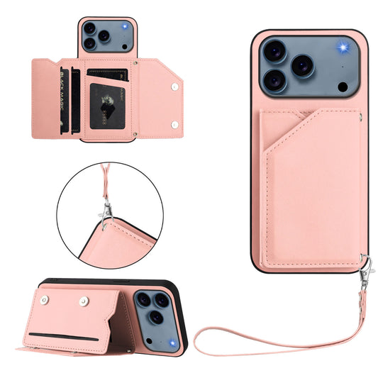 For iPhone 17 Pro Max Case Card Holder Kickstand Skin-Touch Phone Cover with Wrist Strap - Pink