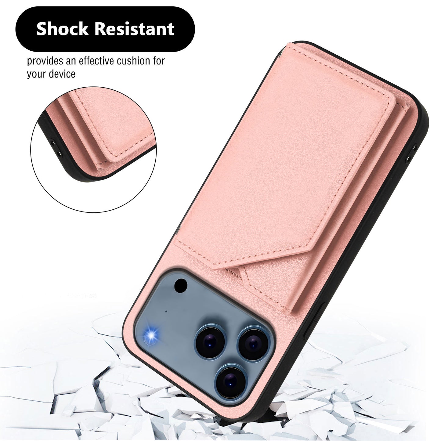 For iPhone 17 Pro Max Case Card Holder Kickstand Skin-Touch Phone Cover with Wrist Strap - Pink