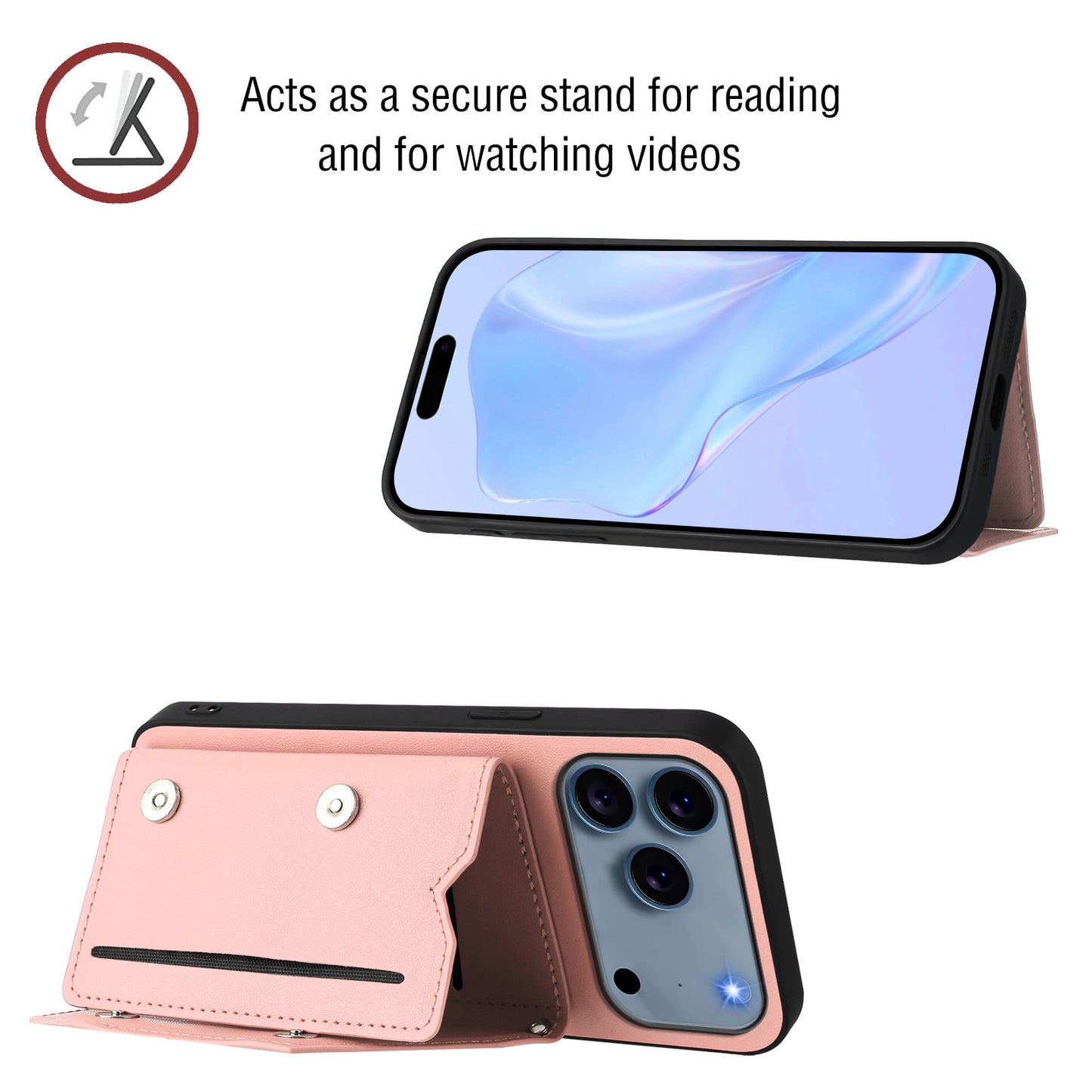 For iPhone 17 Pro Max Case Card Holder Kickstand Skin-Touch Phone Cover with Wrist Strap - Pink