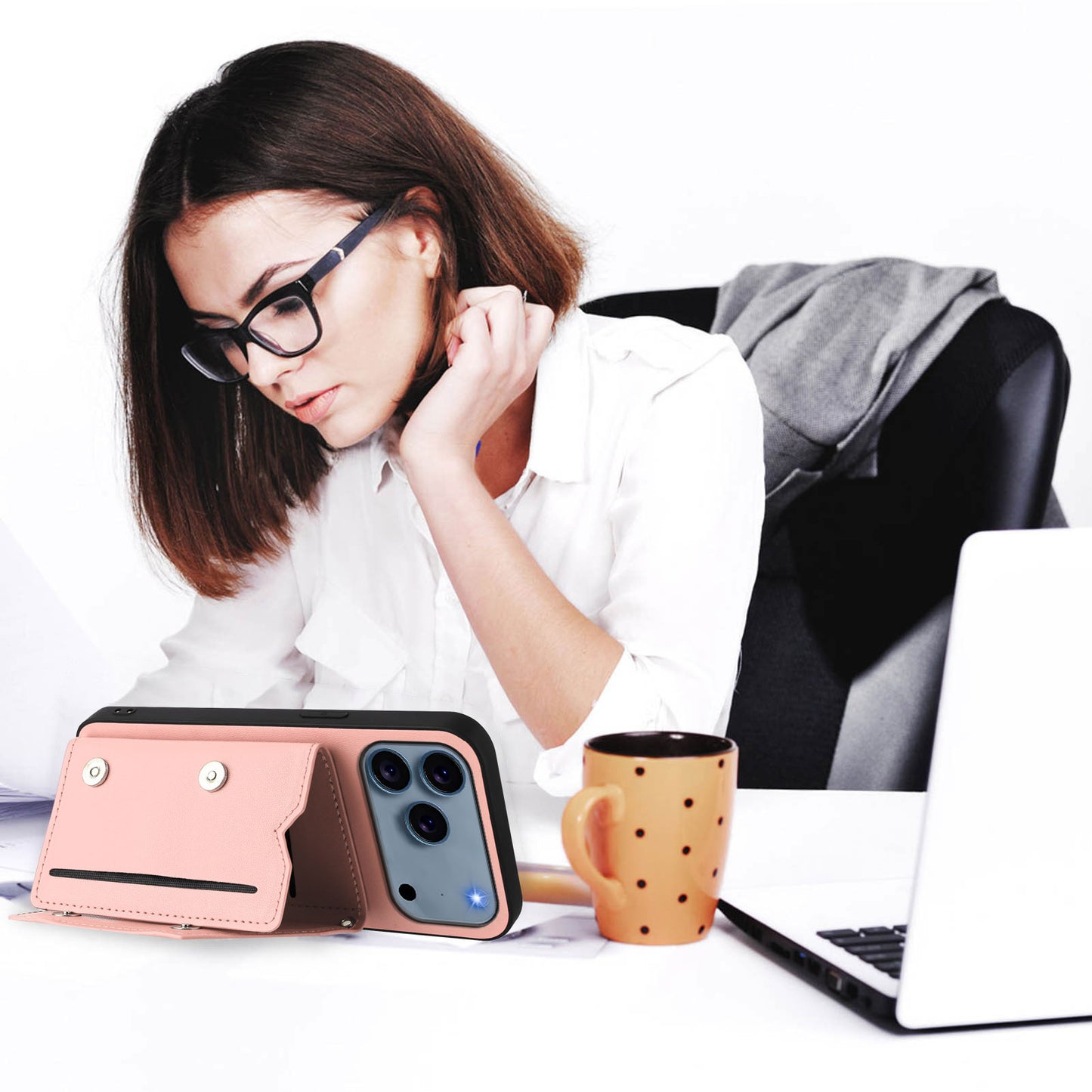 For iPhone 17 Pro Max Case Card Holder Kickstand Skin-Touch Phone Cover with Wrist Strap - Pink