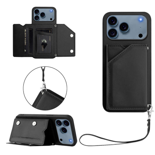 For iPhone 17 Pro Max Case Card Holder Kickstand Skin-Touch Phone Cover with Wrist Strap - Black
