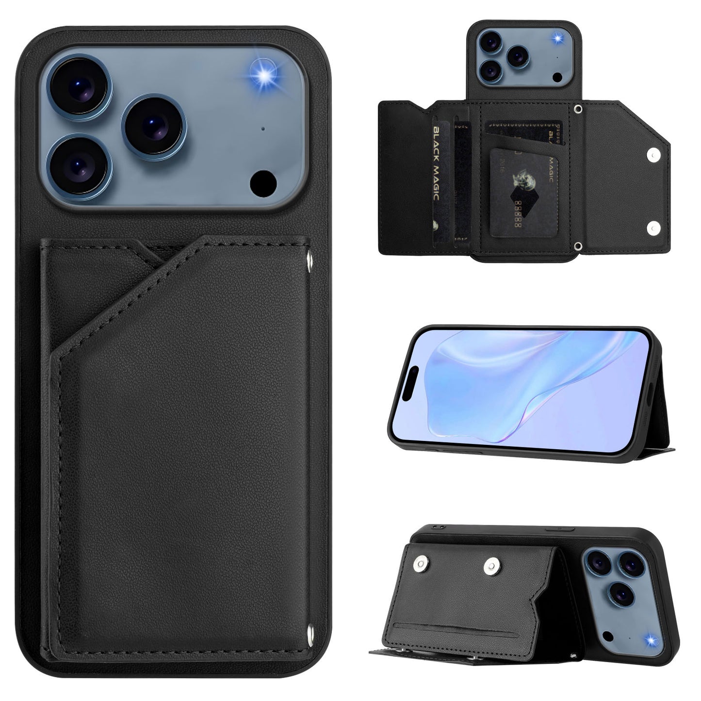 For iPhone 17 Pro Max Case Card Holder Kickstand Skin-Touch Phone Cover with Wrist Strap - Black
