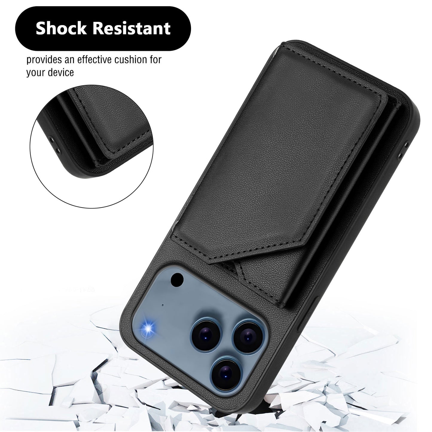 For iPhone 17 Pro Max Case Card Holder Kickstand Skin-Touch Phone Cover with Wrist Strap - Black