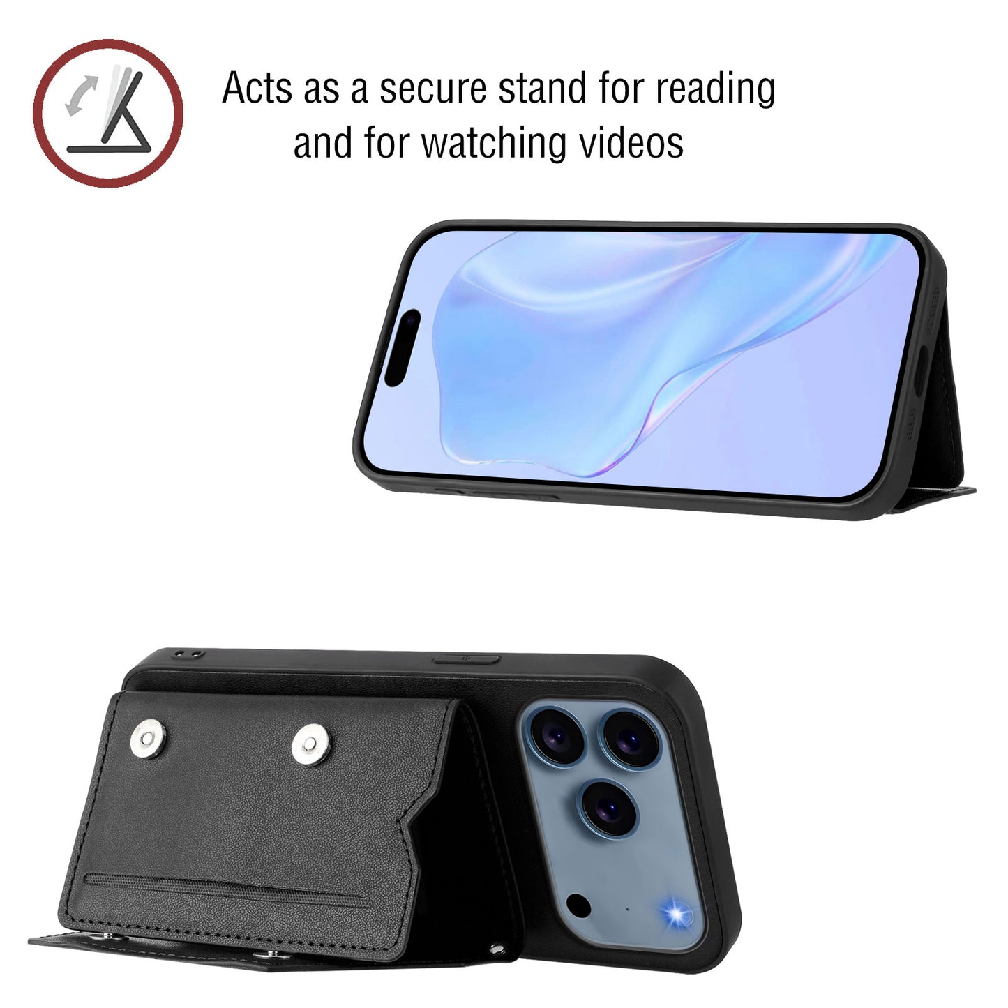 For iPhone 17 Pro Max Case Card Holder Kickstand Skin-Touch Phone Cover with Wrist Strap - Black