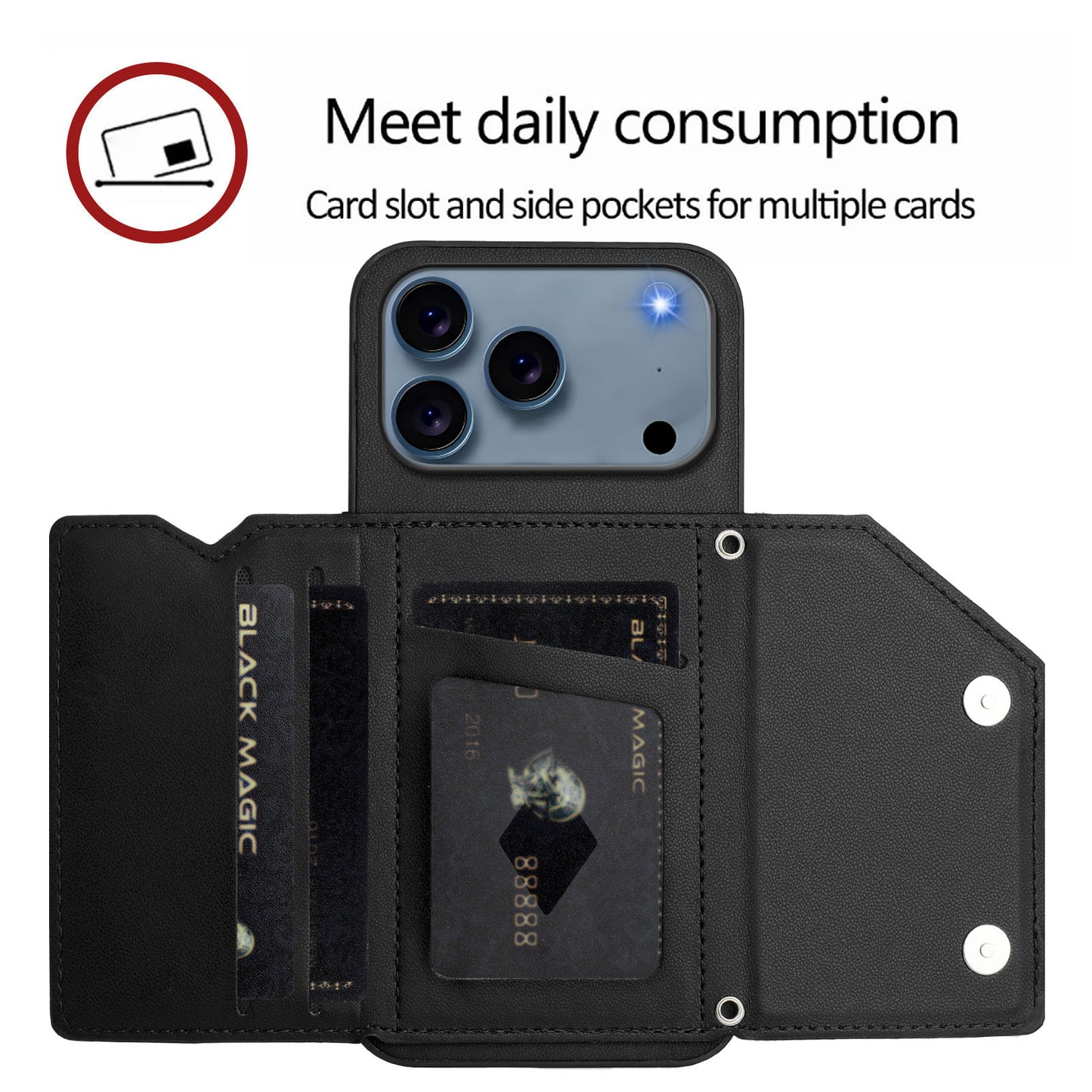 For iPhone 17 Pro Max Case Card Holder Kickstand Skin-Touch Phone Cover with Wrist Strap - Black