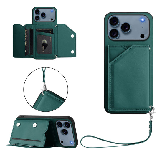For iPhone 17 Pro Max Case Card Holder Kickstand Skin-Touch Phone Cover with Wrist Strap - Green
