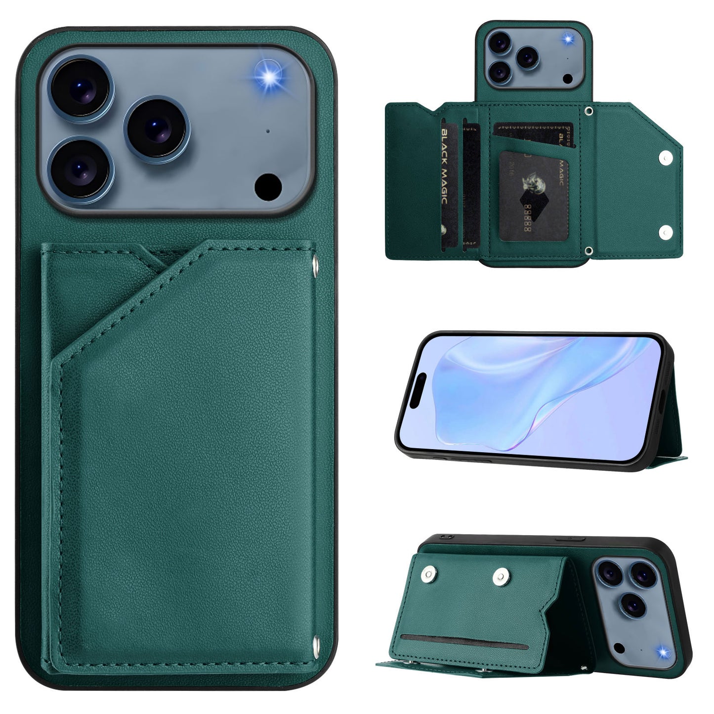 For iPhone 17 Pro Max Case Card Holder Kickstand Skin-Touch Phone Cover with Wrist Strap - Green