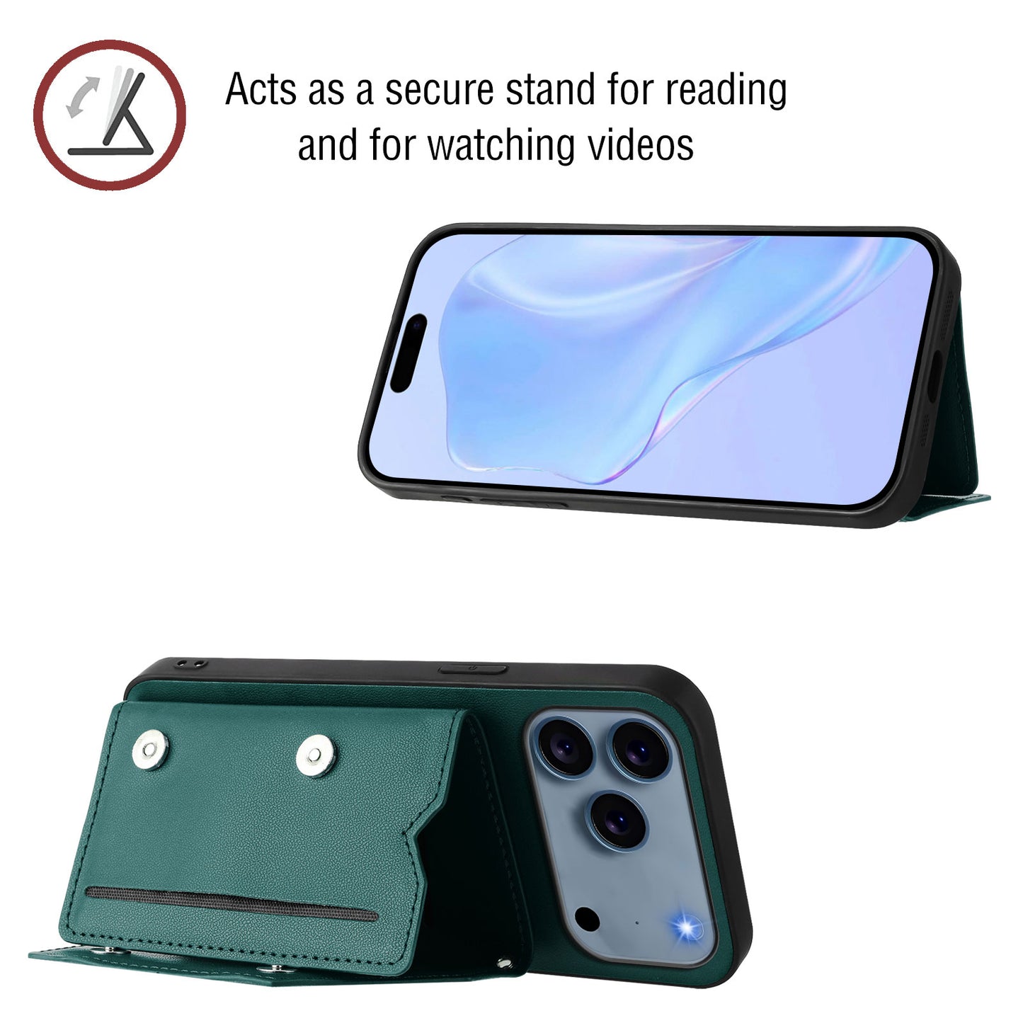 For iPhone 17 Pro Max Case Card Holder Kickstand Skin-Touch Phone Cover with Wrist Strap - Green