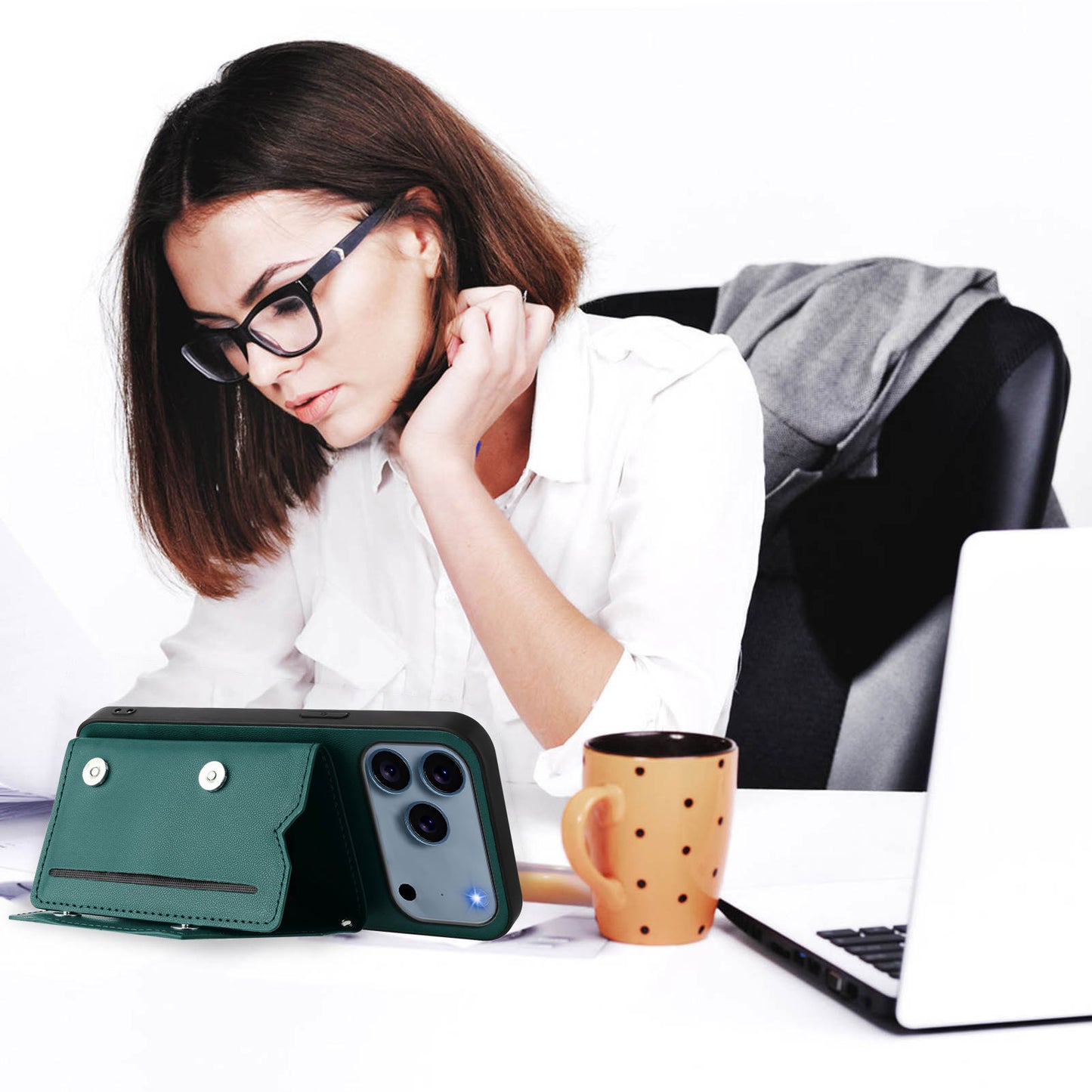 For iPhone 17 Pro Max Case Card Holder Kickstand Skin-Touch Phone Cover with Wrist Strap - Green