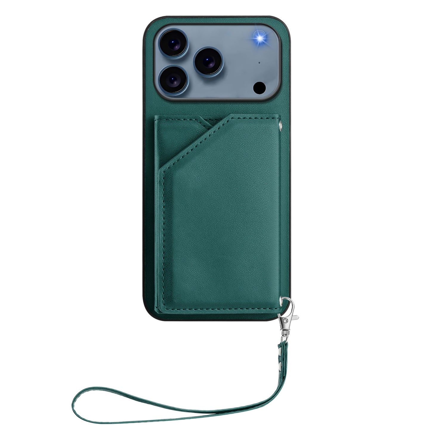 For iPhone 17 Pro Max Case Card Holder Kickstand Skin-Touch Phone Cover with Wrist Strap - Green