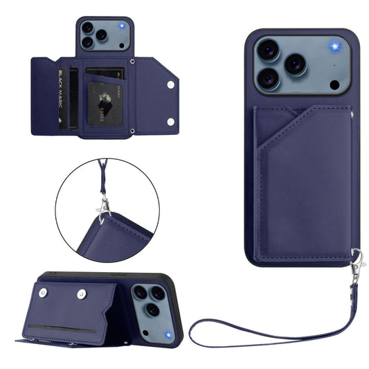 For iPhone 17 Pro Max Case Card Holder Kickstand Skin-Touch Phone Cover with Wrist Strap - Blue