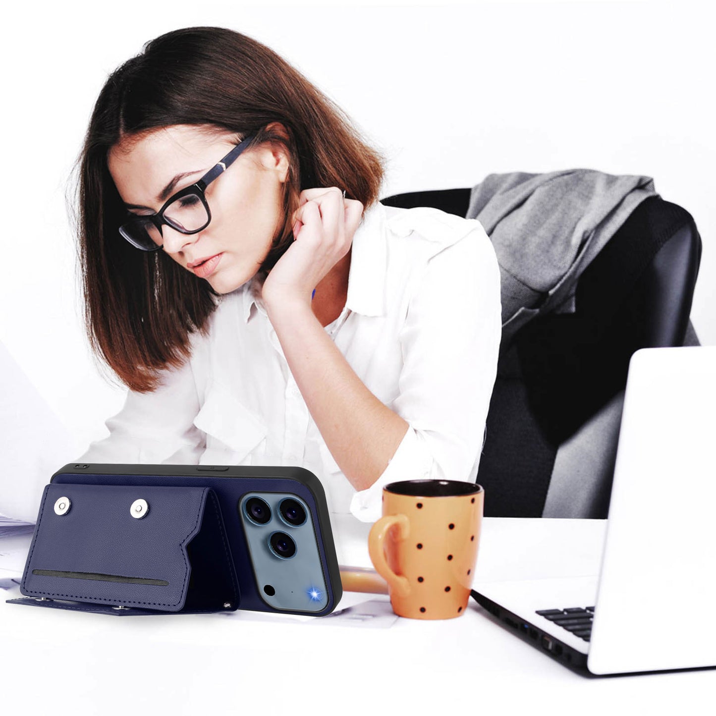 For iPhone 17 Pro Max Case Card Holder Kickstand Skin-Touch Phone Cover with Wrist Strap - Blue