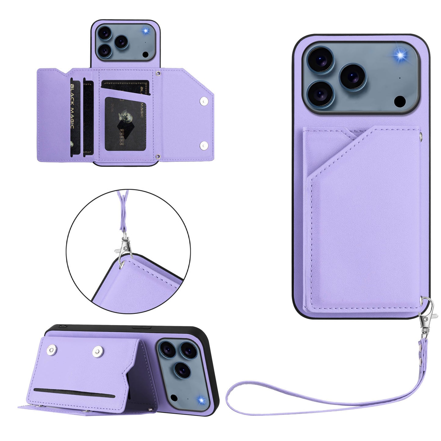 For iPhone 17 Pro Max Case Card Holder Kickstand Skin-Touch Phone Cover with Wrist Strap - Light Purple